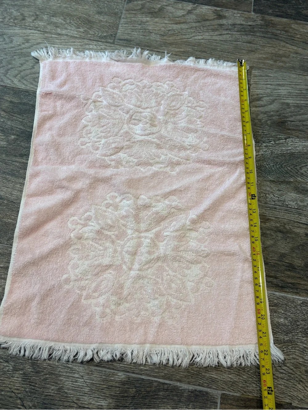 Vintage MCM Sears Cotron Hand Towel Pink Floral 1970s Fringe 16x23